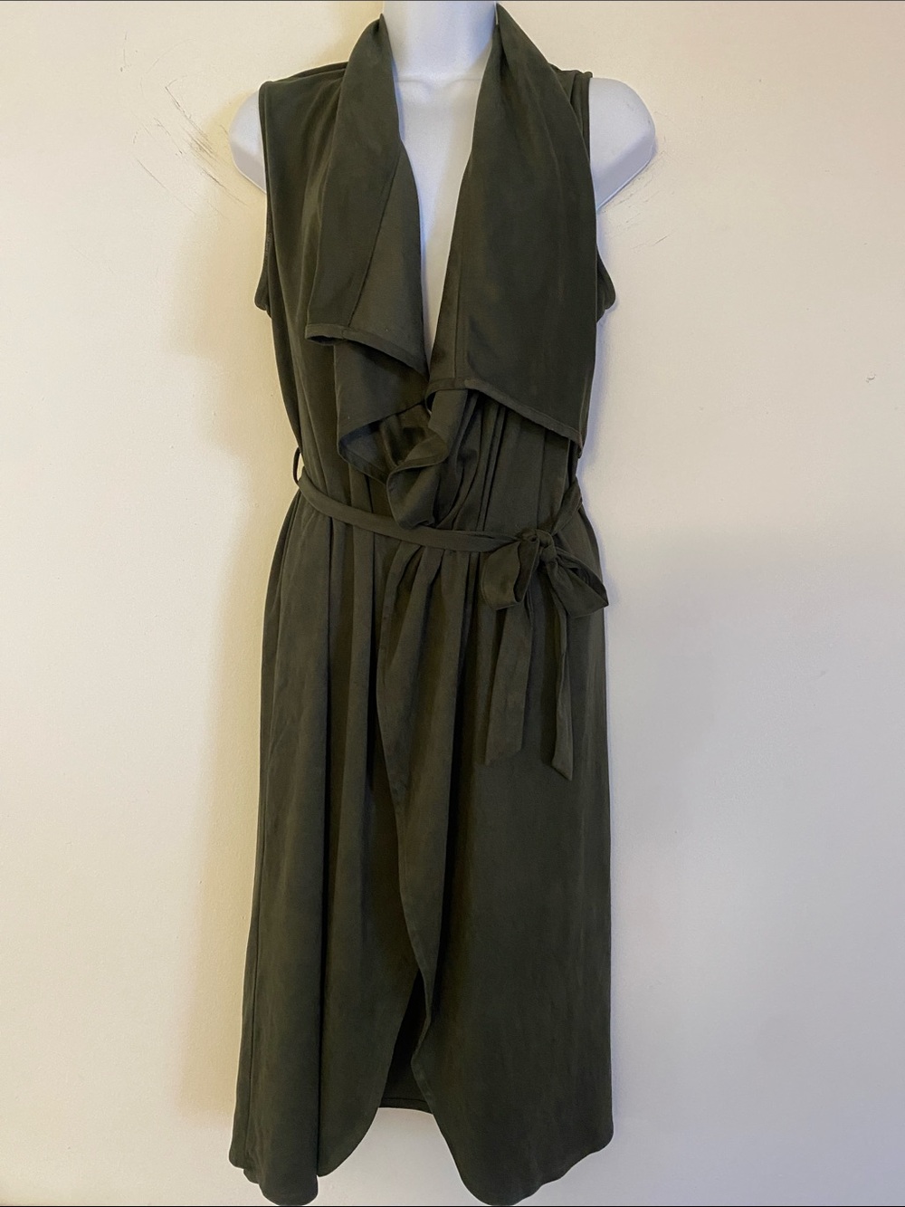 Love Tree Olive Sleeveless Drape Front Midi Dress with Tie Waist